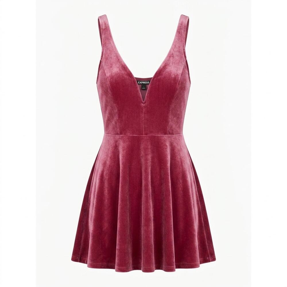 Express Pink Velvet Plunge V-Neck Sleeveless Skater Mini Dress Women Size S